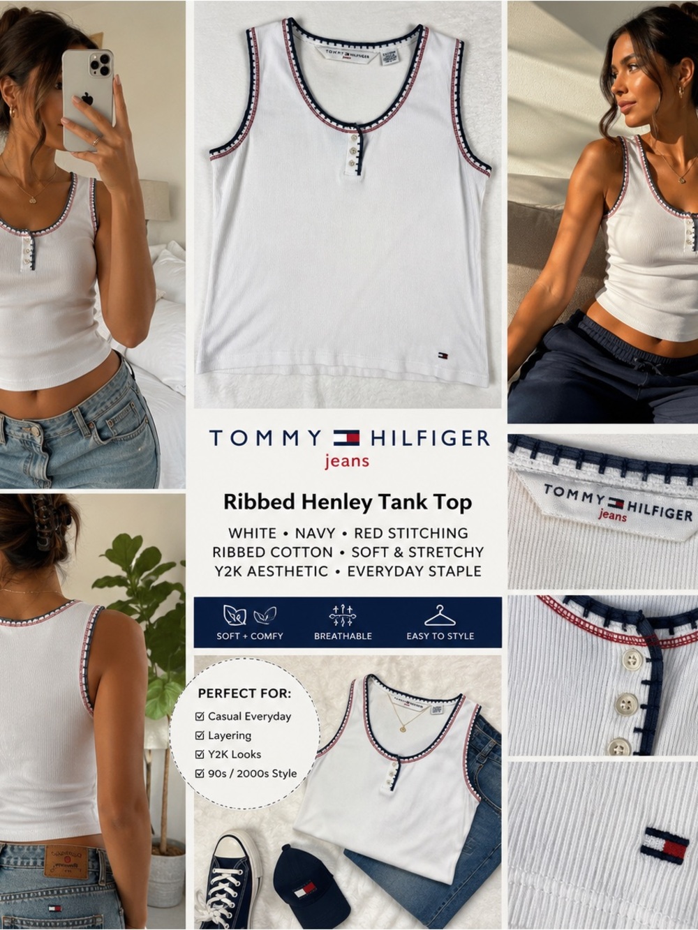 Tommy Hilfiger Jeans Ribbed Tank Top XL White Henley Cotton Y2K Americana Henley